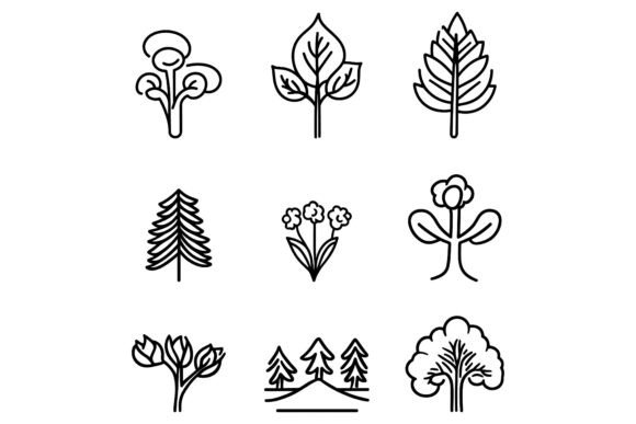 Eco Set of Black Line Leaf and Tree Icons